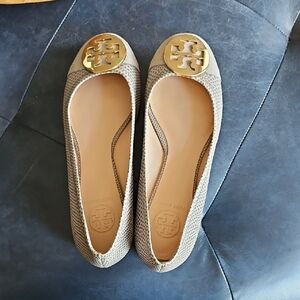 Tory Burch Taupe Textured Flats with Gold Accent